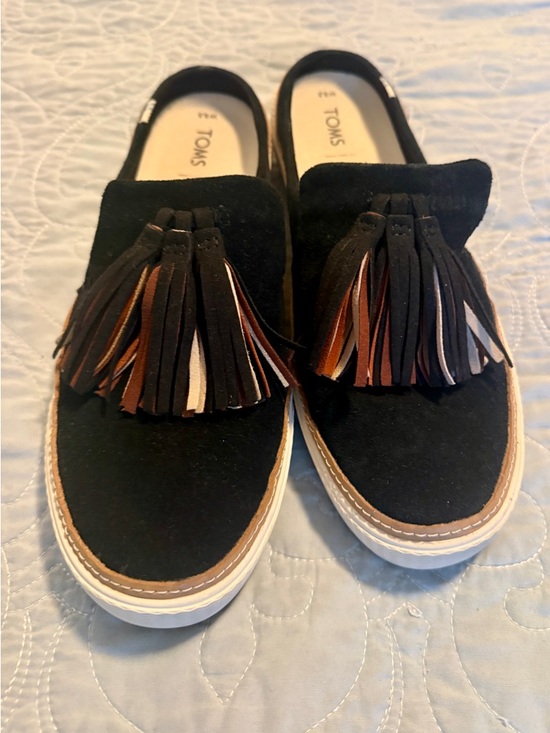 Toms Shoes - TOMS Black Suede Tassel Loafers with Brown Accents